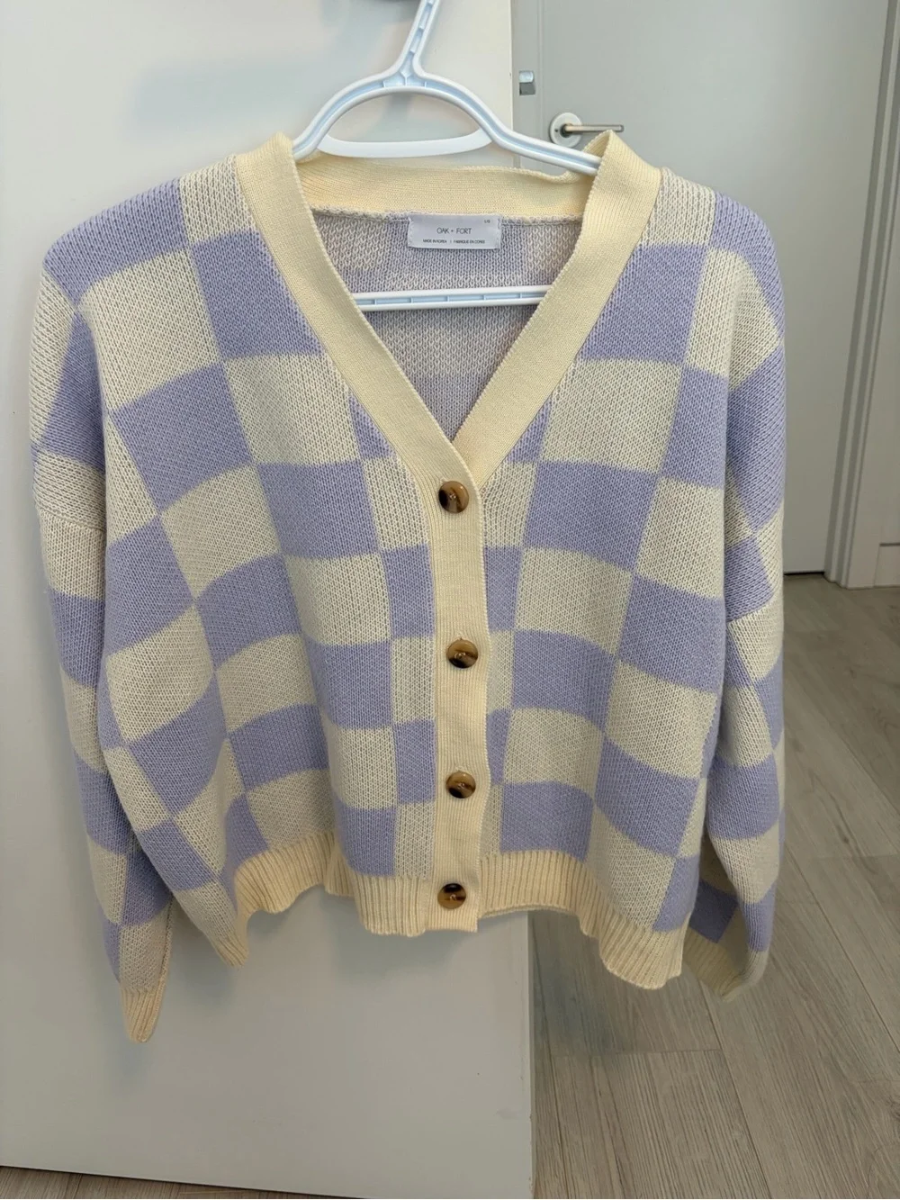 Oak & Fort Checkered Cardigan Sweater in Lavender and Cream - Picture 1 of 5